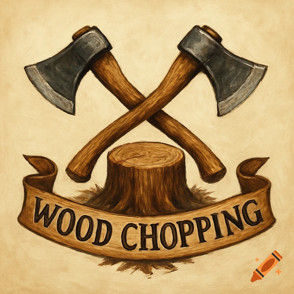 Logo illustration with crossed axes, a tree stump, and a banner reading 'WOOD CHOPPING'.