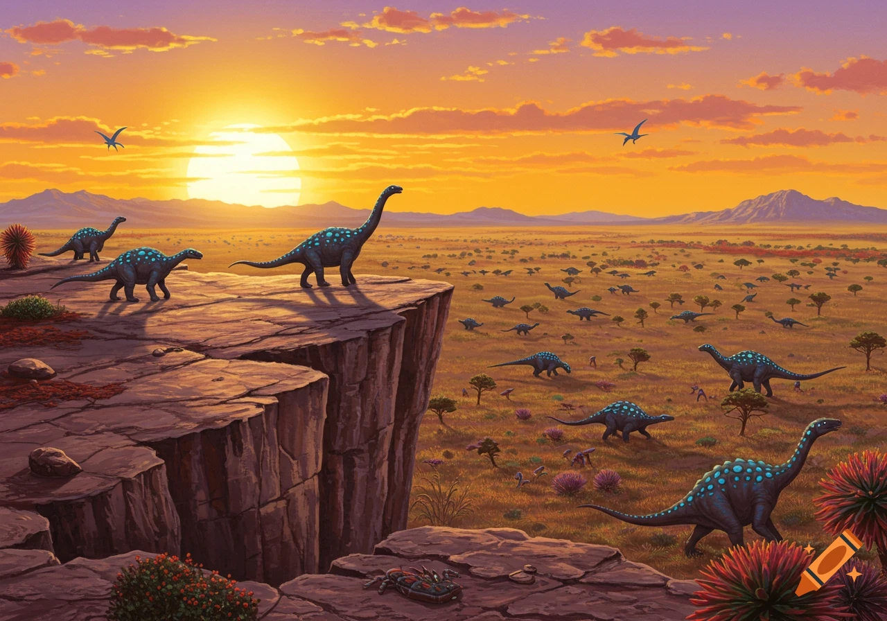 Dinosaurs with blue spots on a cliff overlooking a plain at sunset.