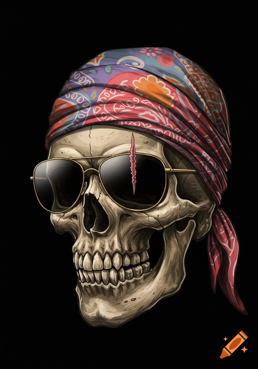 Illustration of a skull wearing a paisley bandana and sunglasses with a scar.
