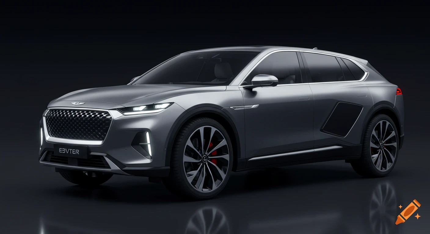 Silver futuristic electric SUV in a dark studio.