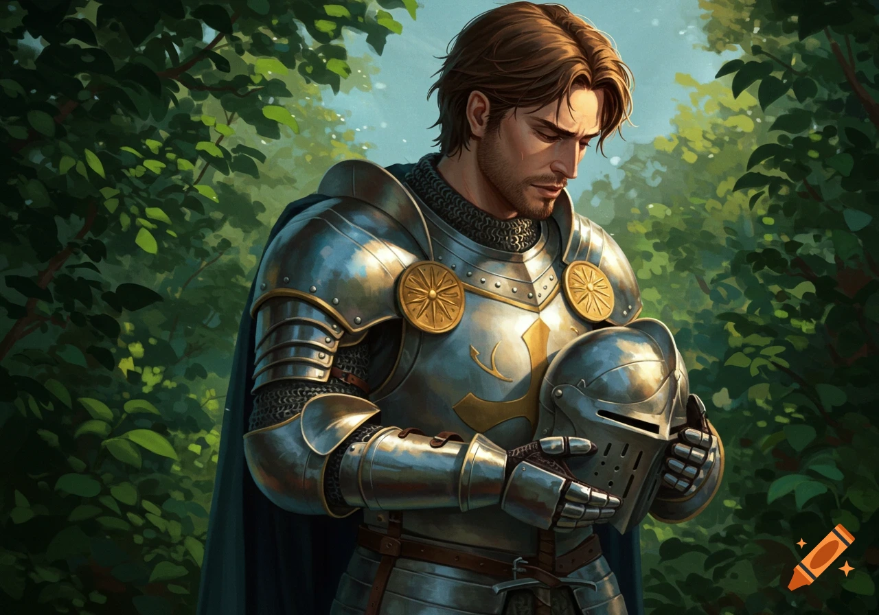 A knight in full plate armor holds his helmet, looking down pensively in a forest.