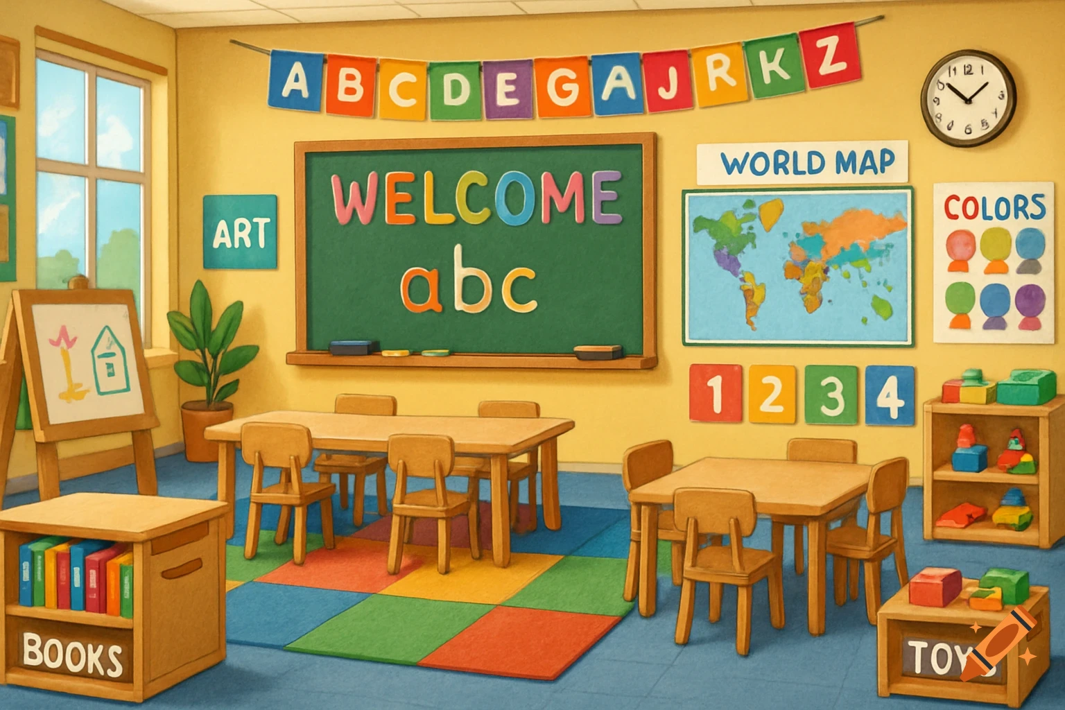 Cartoon illustration of a colorful kindergarten classroom with tables, chairs, a blackboard, alphabet banner, world map, and toys.