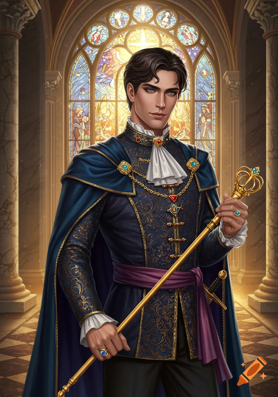 Handsome royal prince in blue and gold attire holds a staff in a grand hall with a stained-glass window.