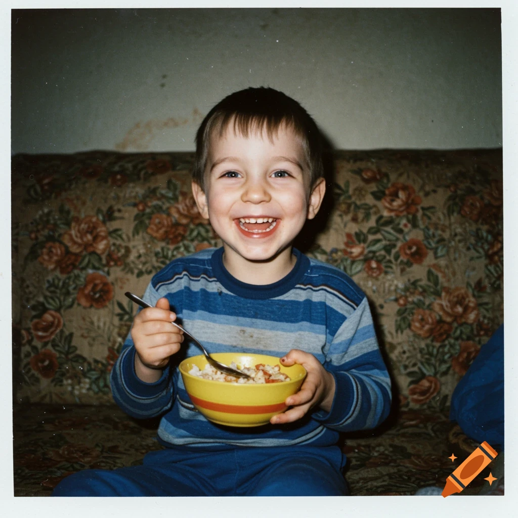 A young boy with a buzzcut eats from a bowl, smiling on a couch in a 90s polaroid photo.