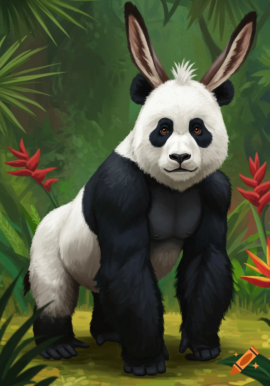 A hybrid creature with the head of a panda, body of a gorilla, and long donkey ears stands in a lush green jungle.