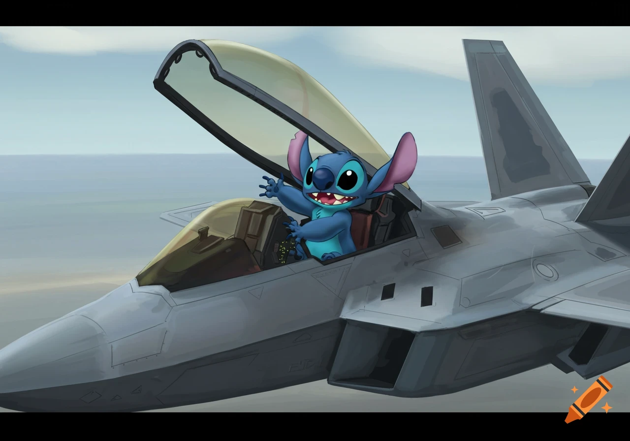 Illustration of Stitch waving from the cockpit of an F-22 fighter jet.