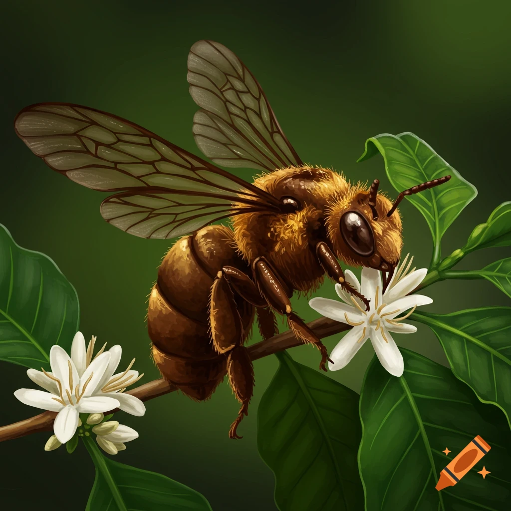 A bee sits on a branch of a coffee plant with white flowers.