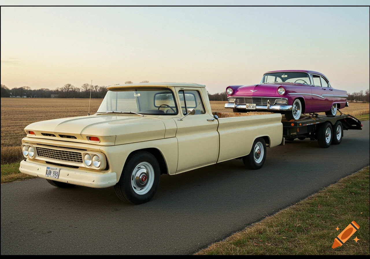 A cream pickup truck tows a purple classic coupe on a trailer down a road.