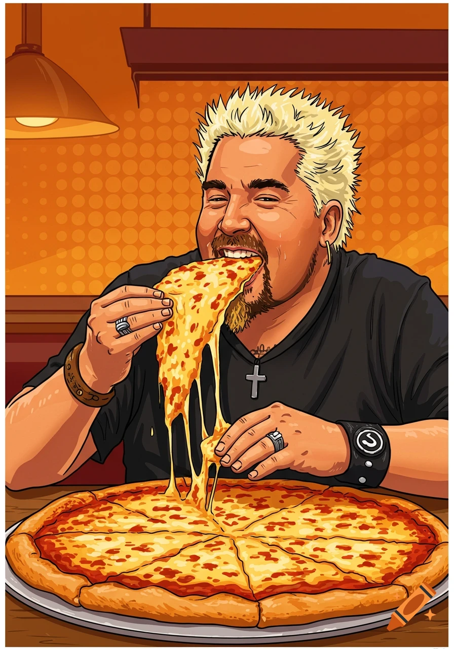 Cartoon illustration of Guy Fieri happily eating a slice of cheesy pizza.