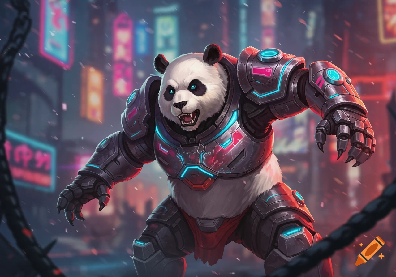 Cyberpunk panda in mecha armor