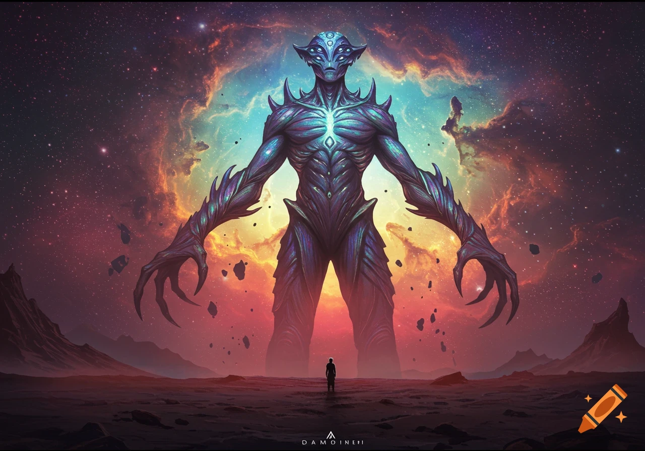 A huge alien creature looms over a tiny human figure on a rocky planet under a colorful nebula in space.