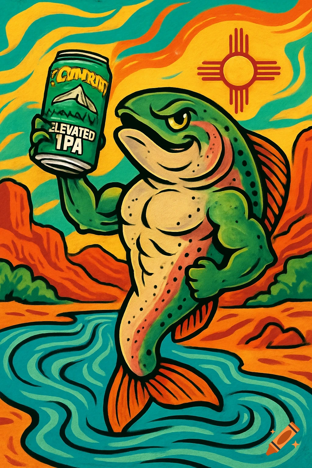 A muscular cartoon rainbow trout holds a beer can, standing in a river with a desert landscape and Zia sun symbol.