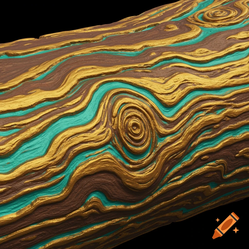 Close-up of a log with swirling brown, gold, and teal patterns