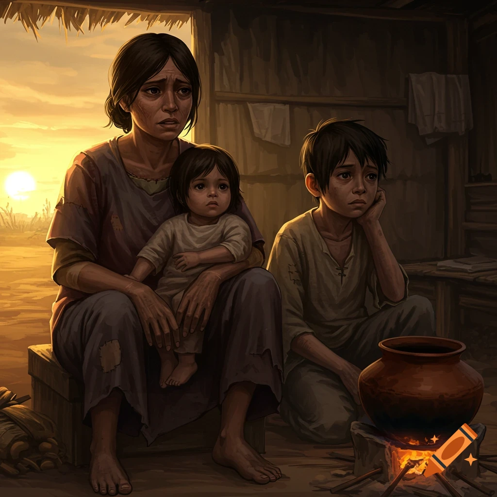 Mother and two sad children sit inside a hut with a cooking pot on fire, golden light outside.