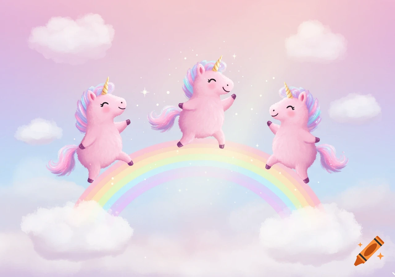 Three pink fluffy unicorns dance on a rainbow in a pastel sky with clouds.