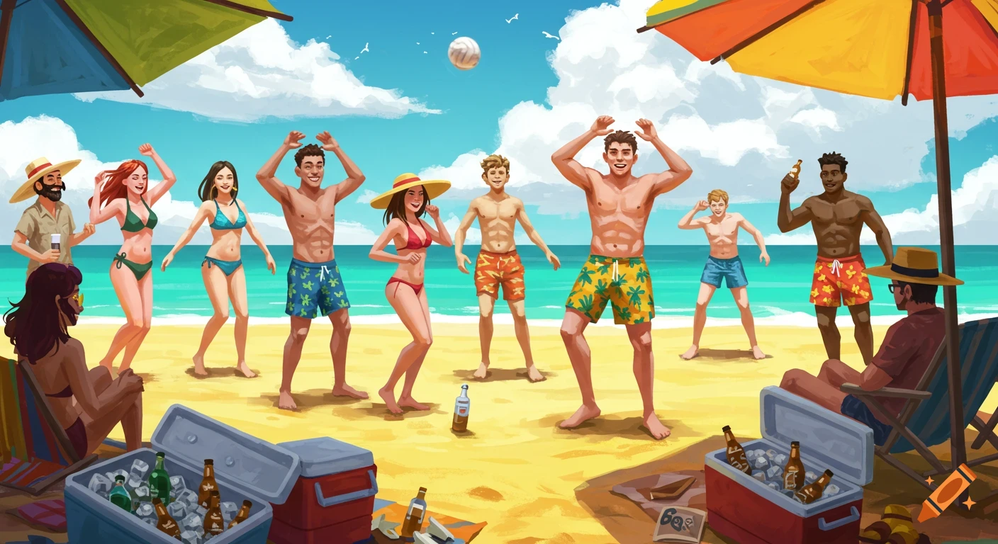 Group of people enjoying a beach party, some playing volleyball, others relaxing in a stylized illustration.