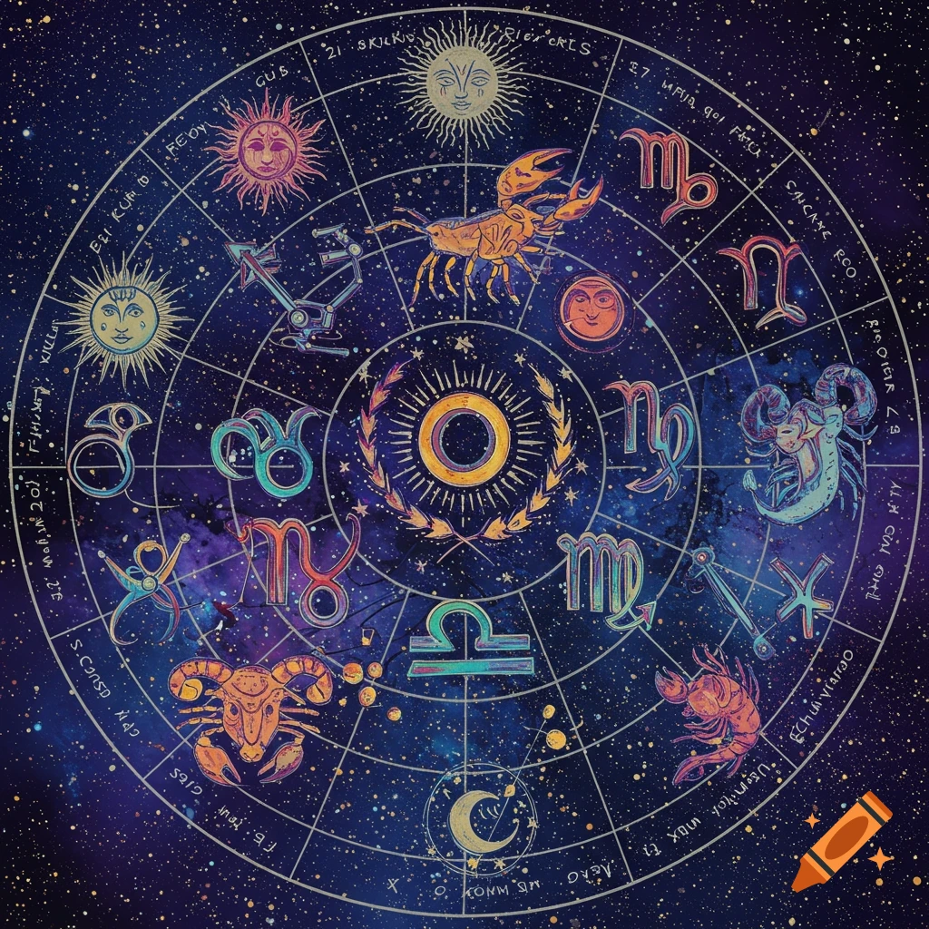 Detailed astrology chart with zodiac signs and constellations against a starry background.