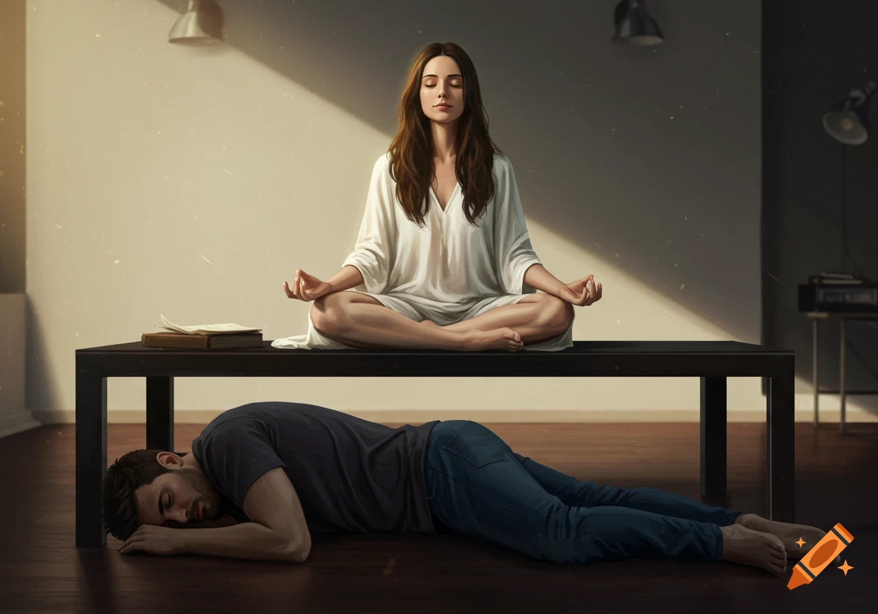 A woman meditates on a table above a man sleeping on the floor in a sunlit room, photorealistic style.