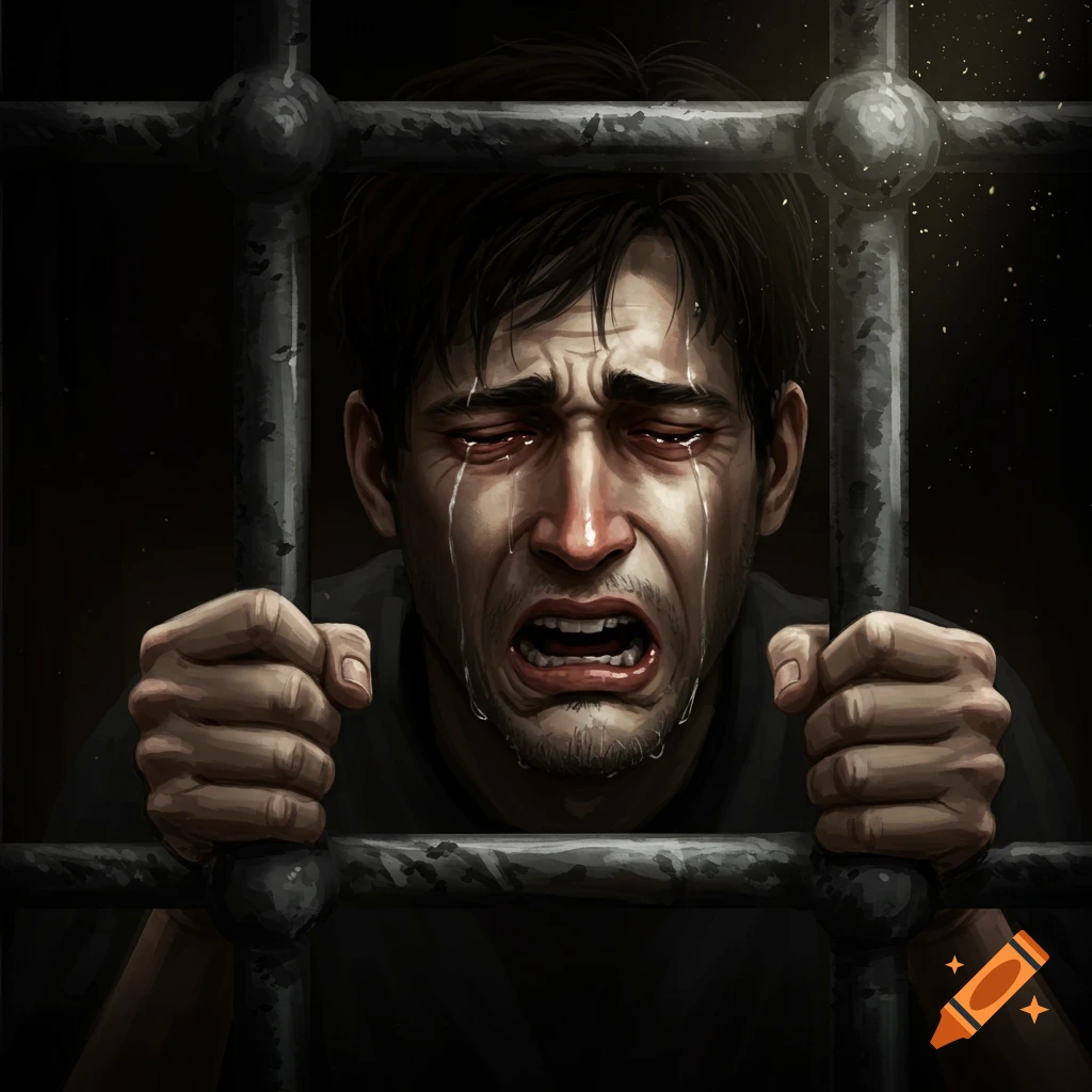 Illustration of a man crying while holding prison bars.