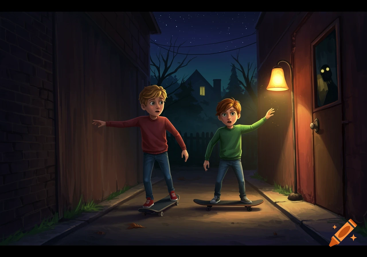 Illustration of two boys on skateboards looking scared at a glowing-eyed shadow in an alley at night.