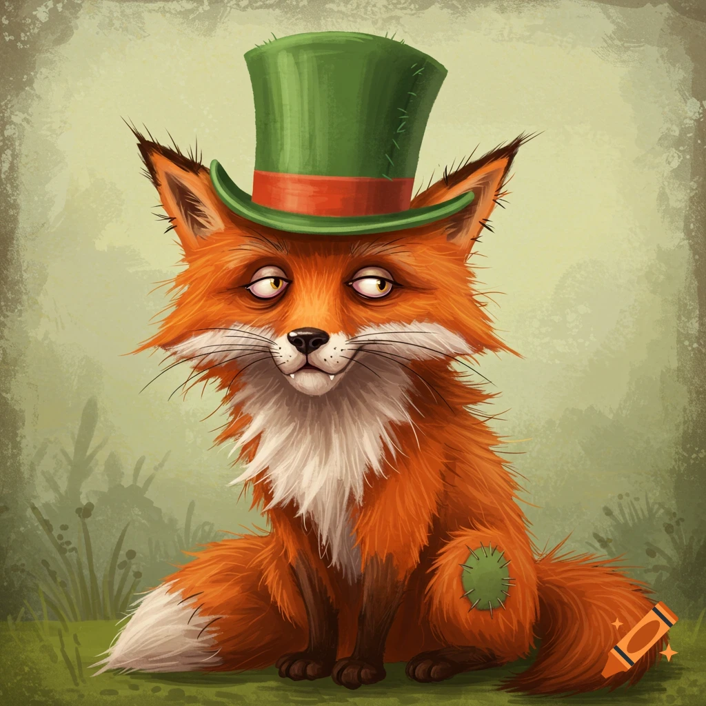 Illustration of a cartoon fox wearing a green top hat sitting in grass