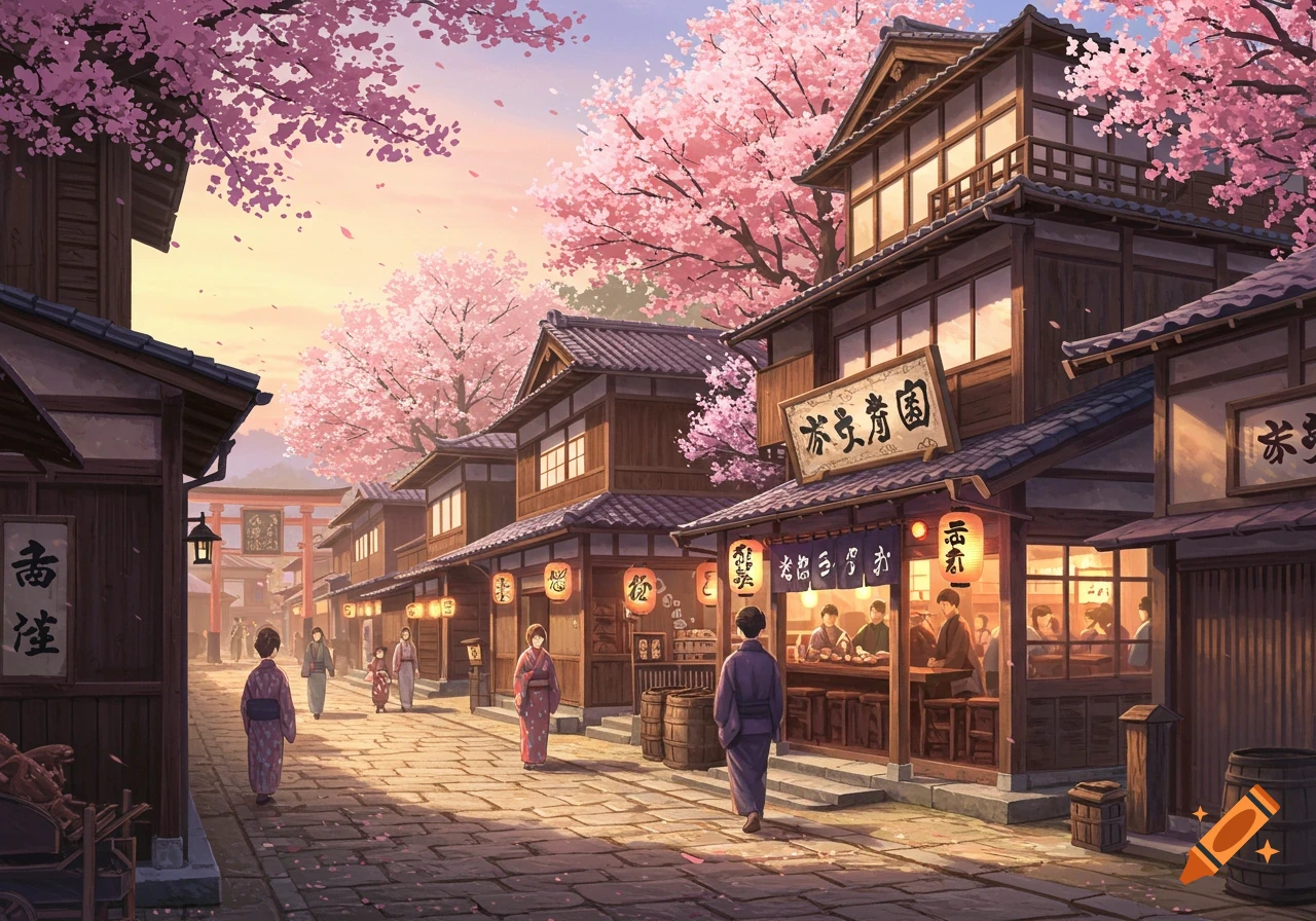 Anime style depiction of a traditional Japanese town street lined with wooden buildings under cherry blossoms at sunset with people in kimonos.