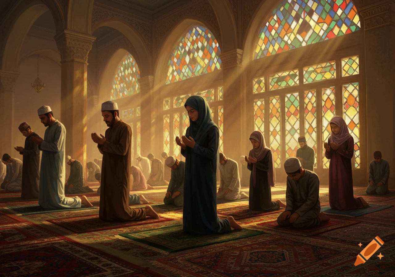 People praying inside a mosque with light shining through stained glass windows.
