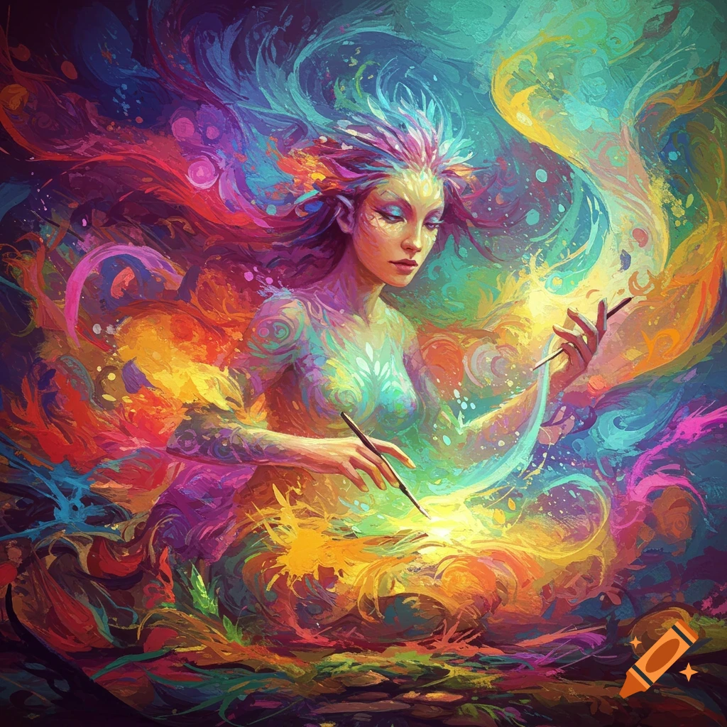 Colorful abstract painting of a figure surrounded by swirling paint ...
