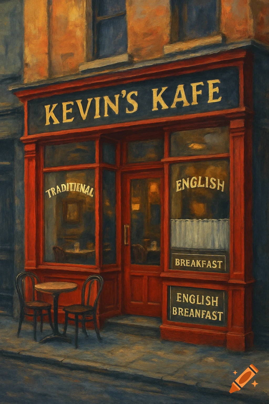 Painted image of Kevin's Kafe, an English breakfast cafe storefront with red trim, tables, and chairs outside.