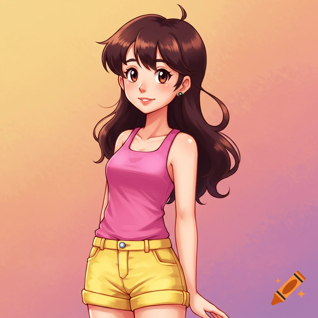 Anime drawing of a young woman with brown hair wearing a pink tank top and yellow shorts against a gradient background.
