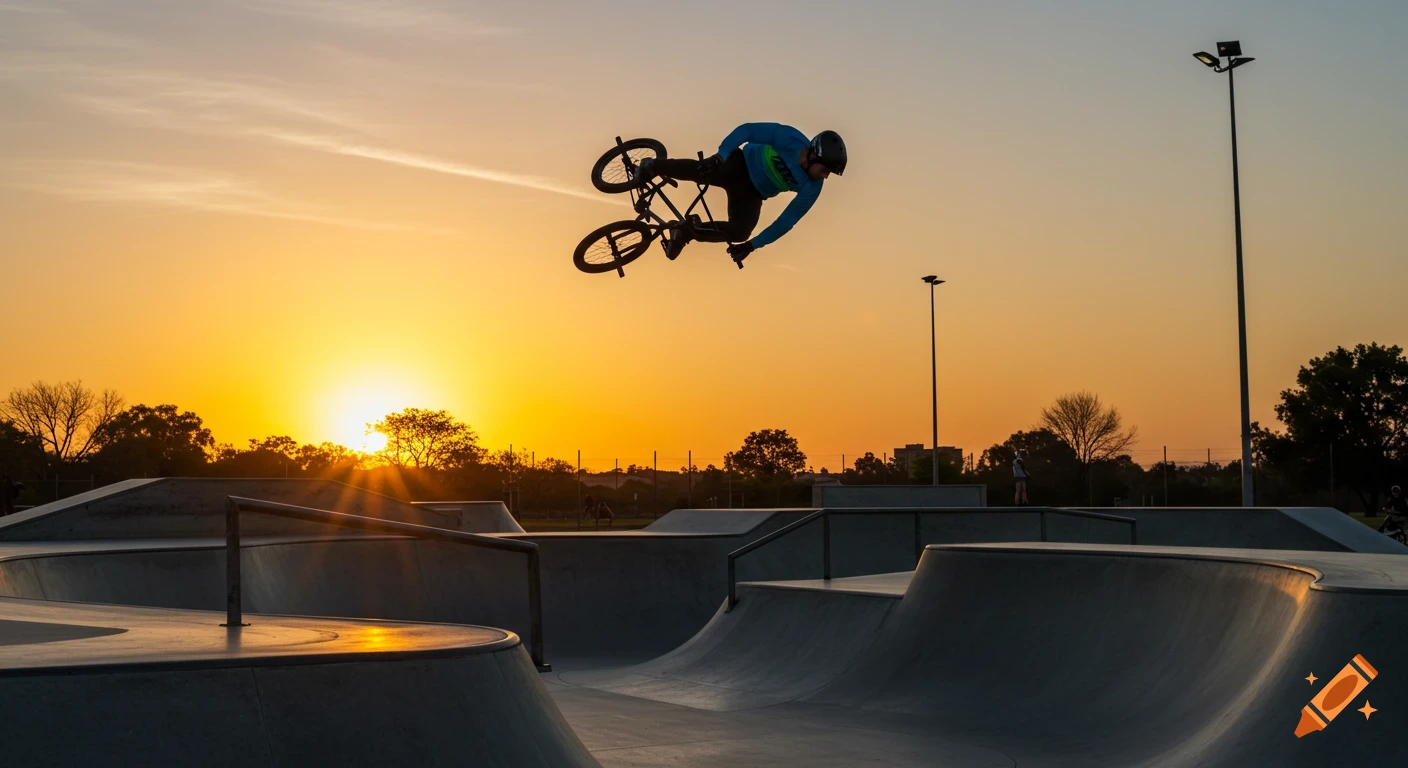 BMX rider does a flip over a skate park ramp against a vibrant sunset ...