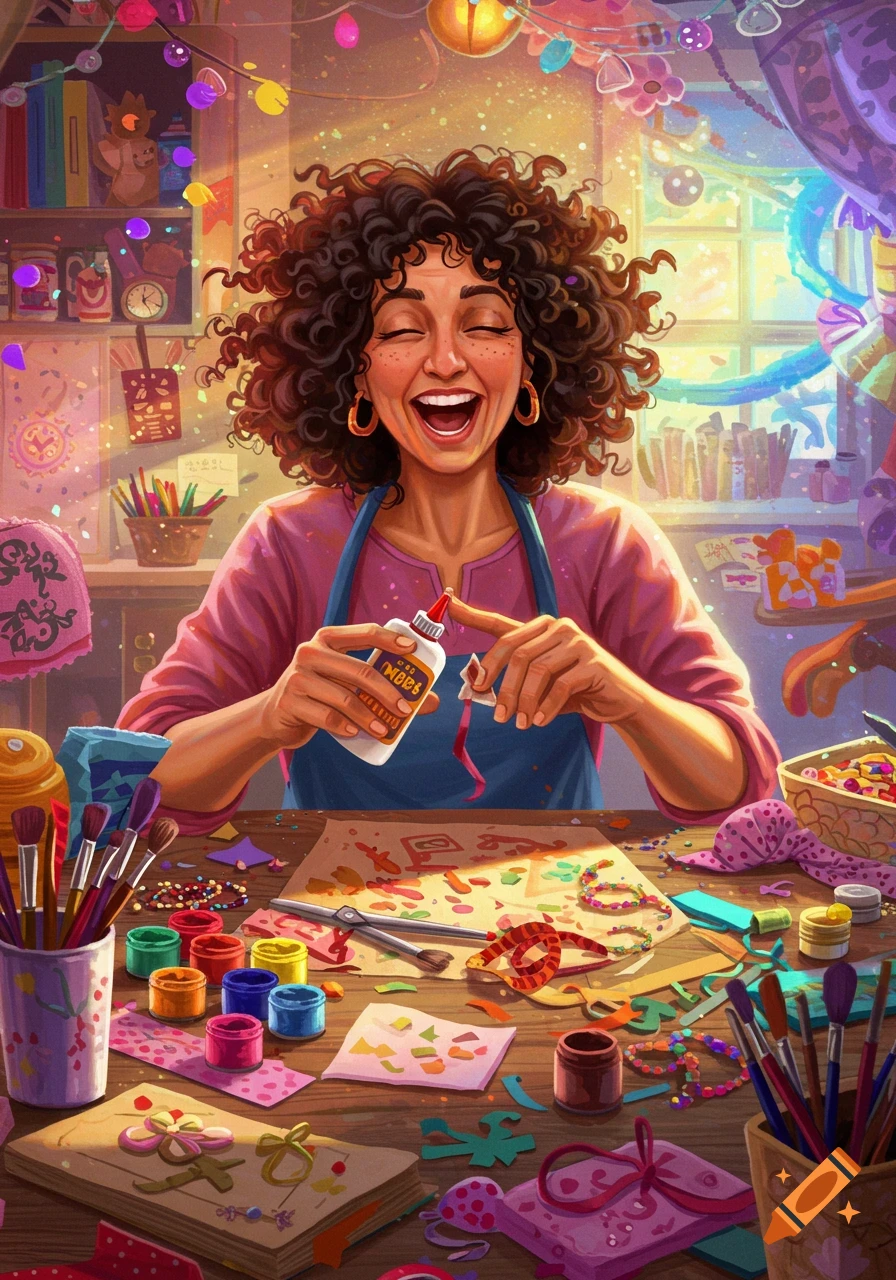 A woman laughing while crafting with glue and ribbon at a cluttered desk, colorful illustration.