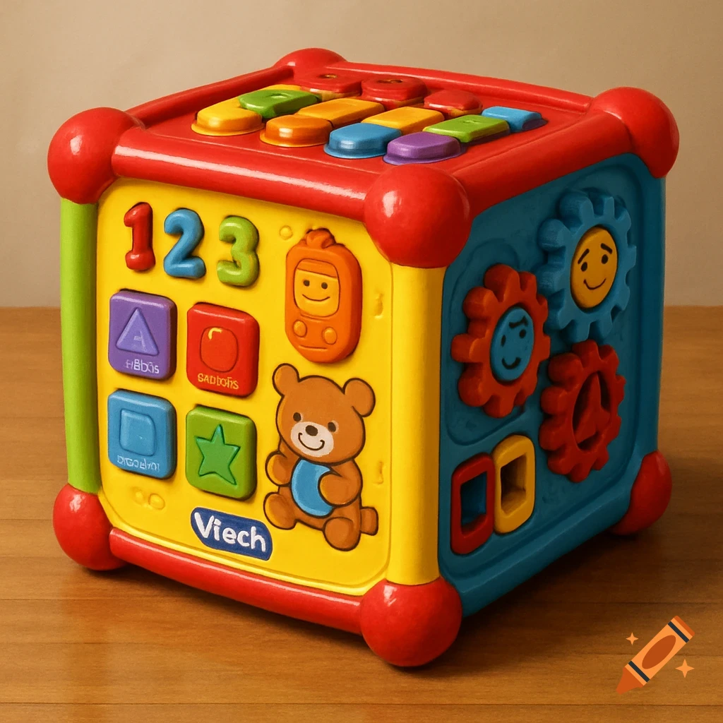 A colorful VTech learning cube with numbers and buttons.