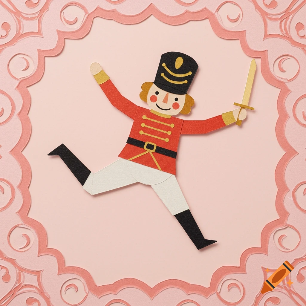 Paper cutout of a nutcracker jumping with a sword on a pink background.