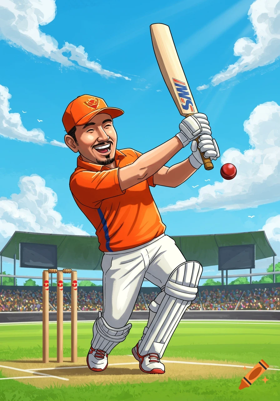 Cartoon man hits a red ball while playing cricket in a stadium.