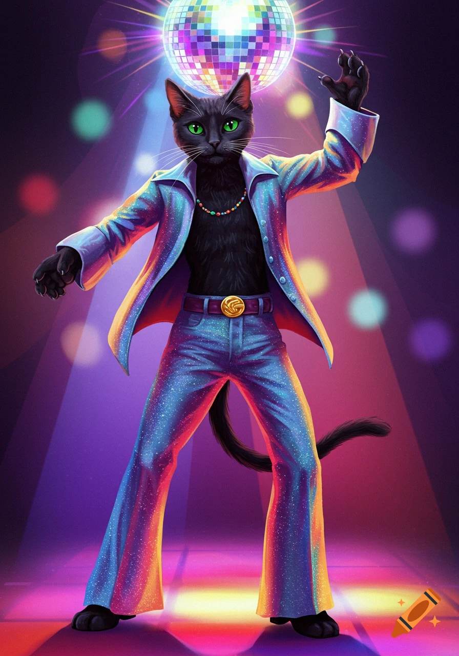 Black cat in a sparkly blue disco suit poses under a disco ball on a light-up floor.