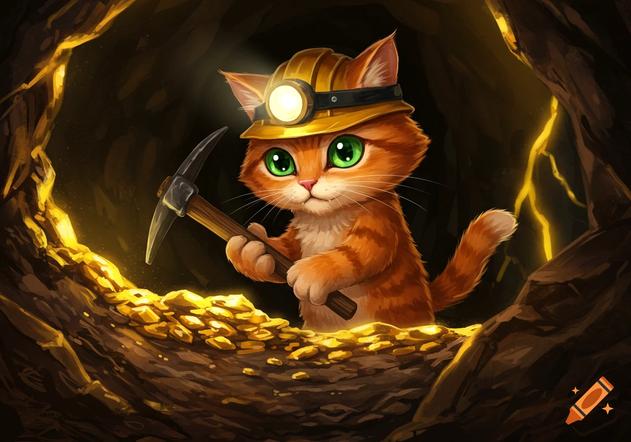 Illustration of a cute cartoon orange cat wearing a hard hat and mining gold in a dark cave.