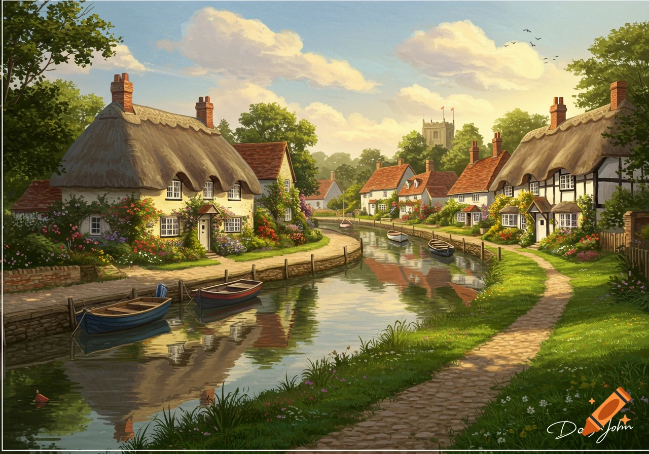 Painting of a picturesque village by a river with thatched-roof cottages, boats, and a church.