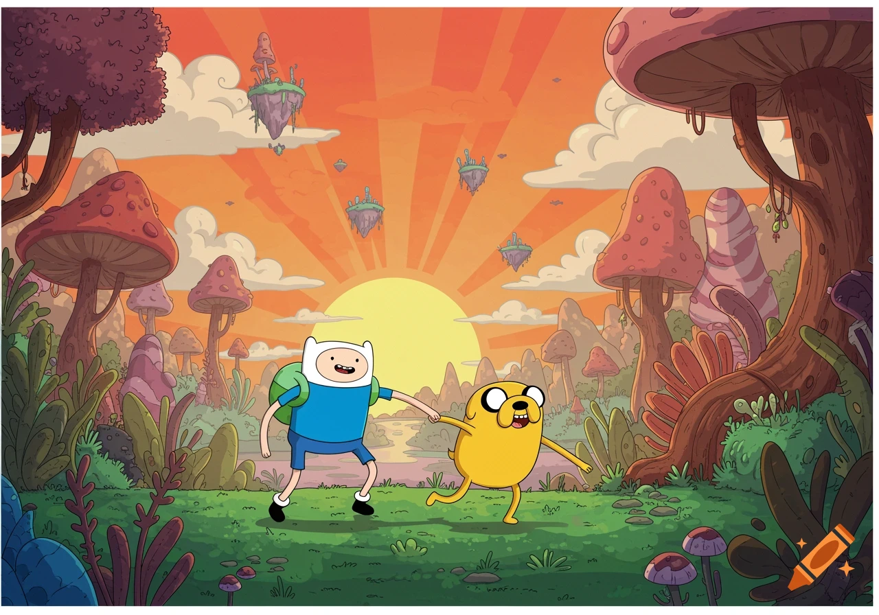 Finn and Jake walk through a fantasy land of giant mushrooms and floating islands at sunset.