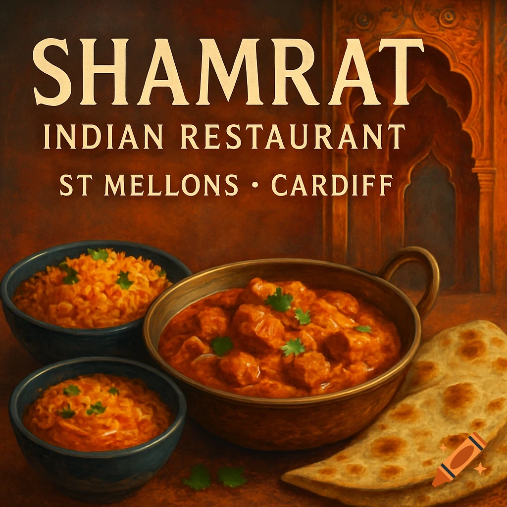 Bowls of Indian curry and rice with naan bread and restaurant text overlay
