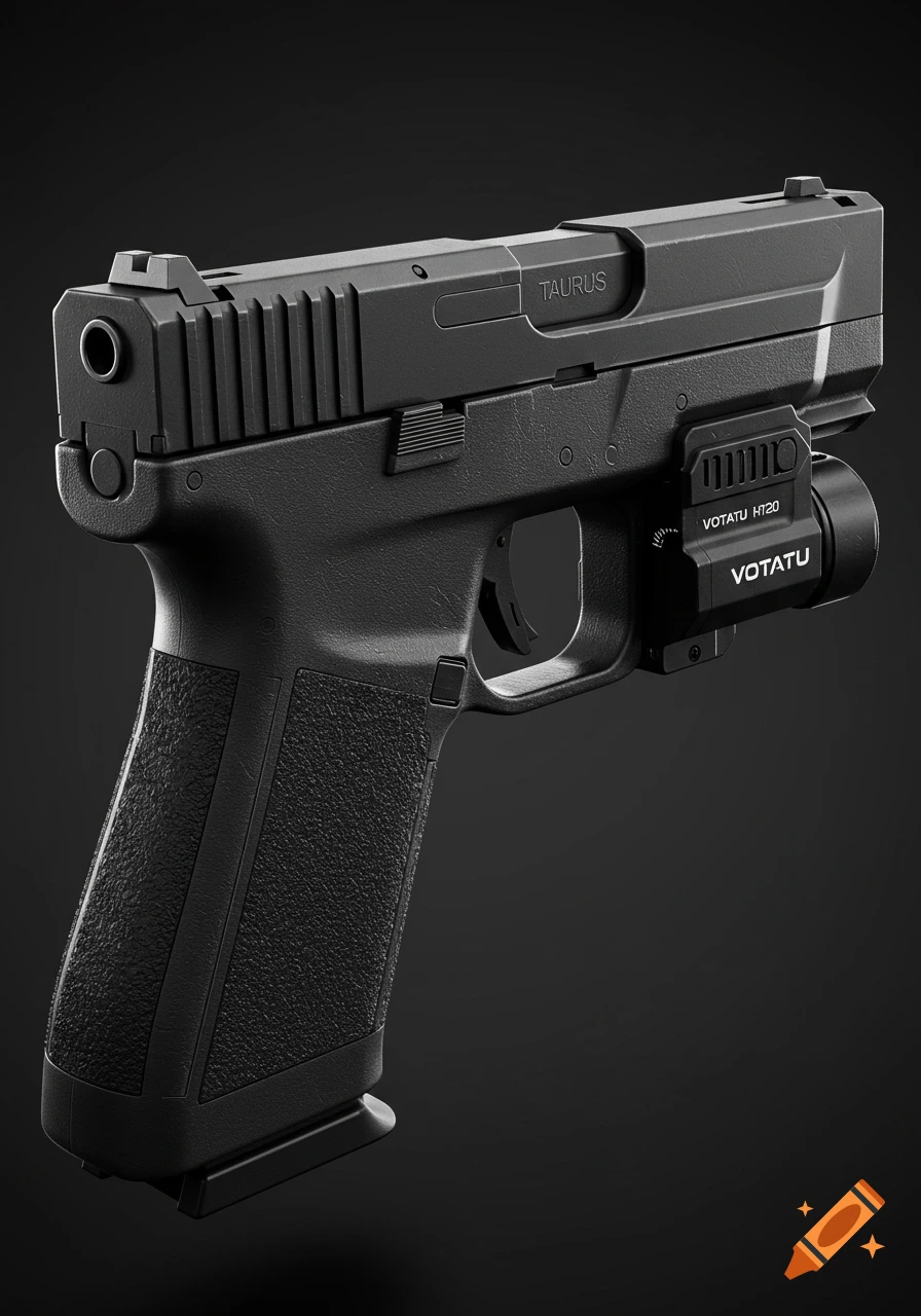 Close-up view of a black handgun with a tactical light attachment on a dark background.