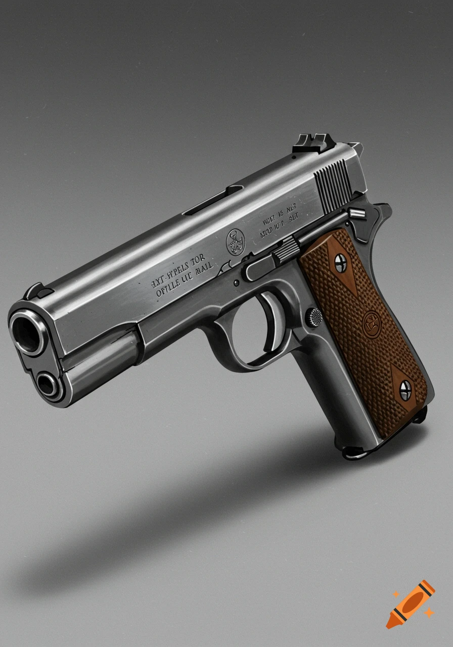 Close-up view of a realistic metal handgun with textured brown grips.