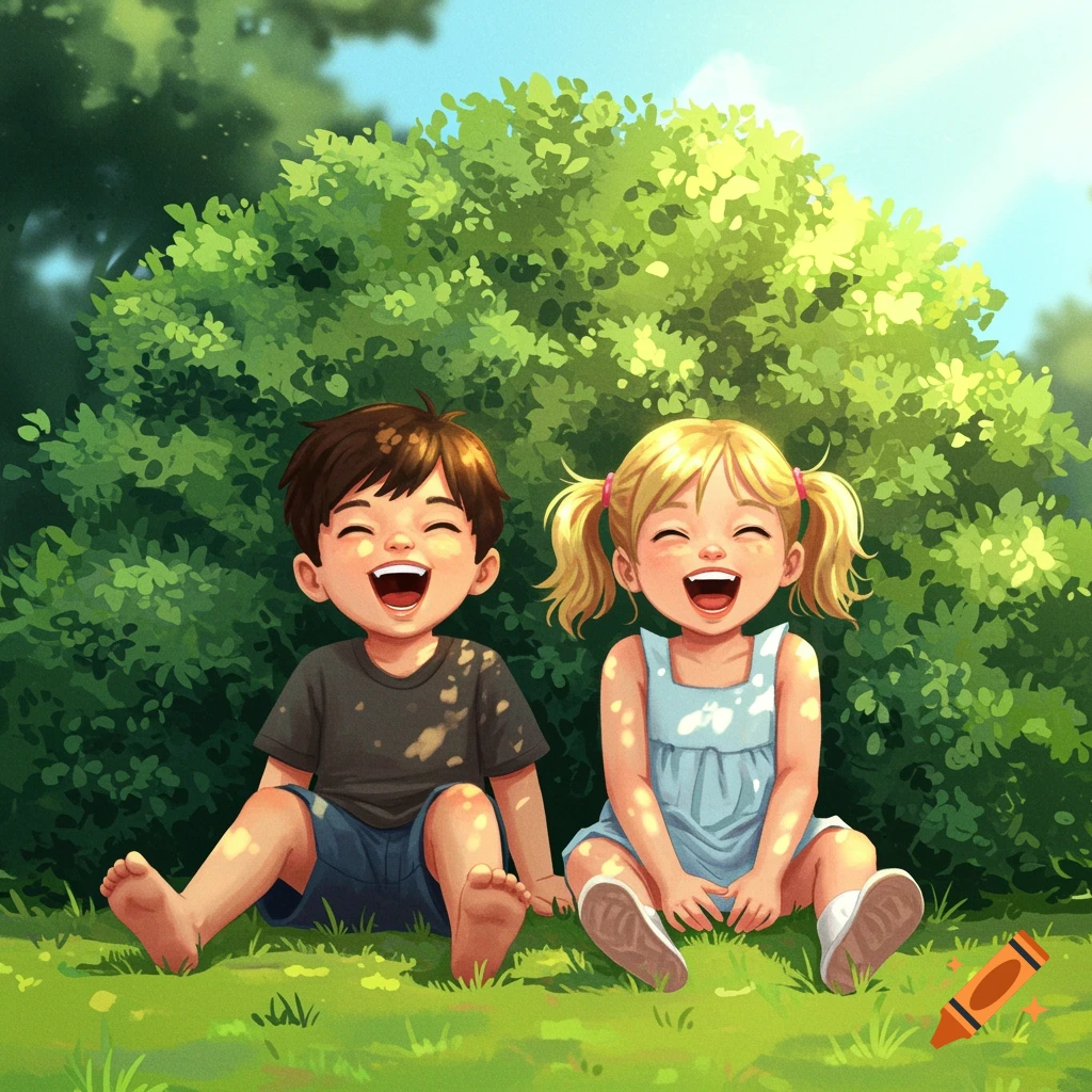 Two children sitting on grass under a tree, laughing, illustration.