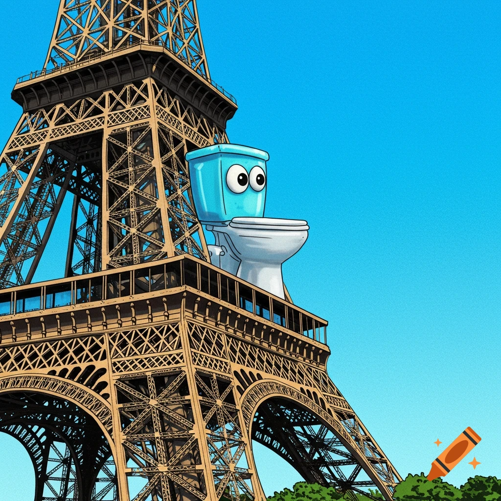 Cartoon toilet character with eyes sitting on the Eiffel Tower.