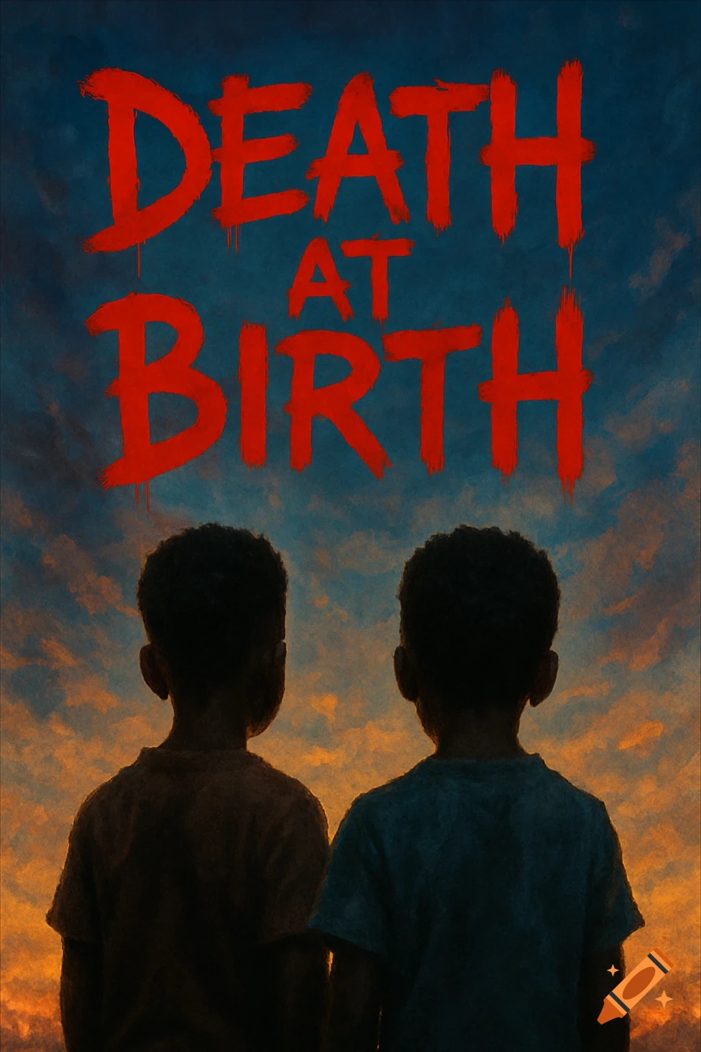 Two boys view a cloudy sky with red text 'DEATH AT BIRTH' above them in a painterly style.