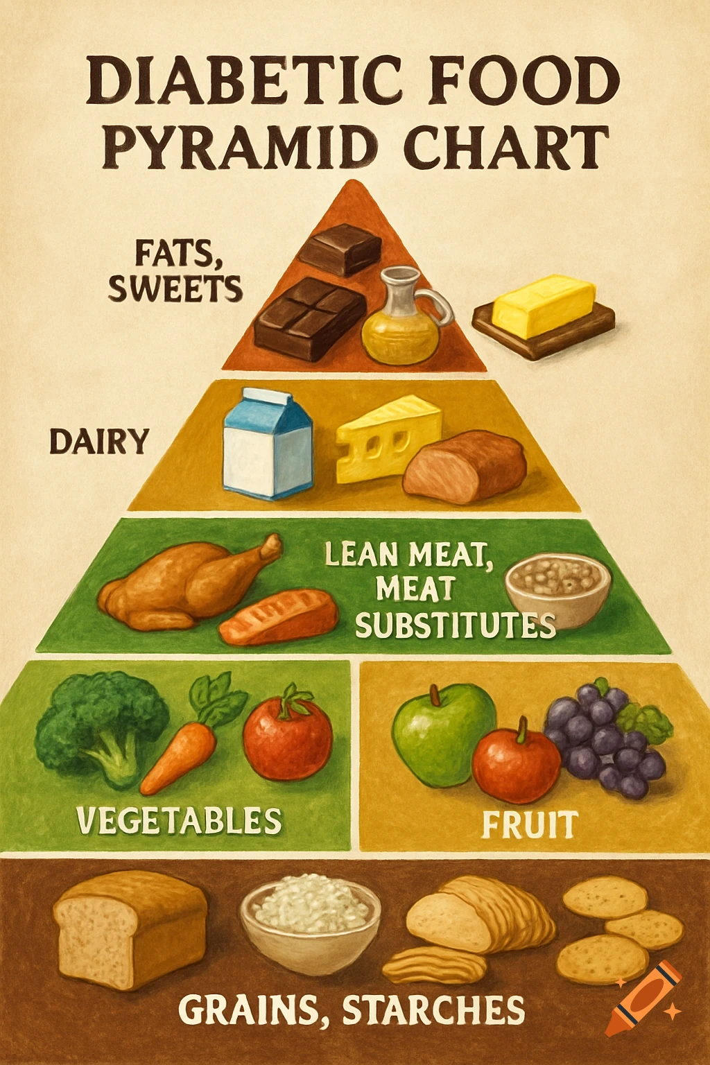 Illustration of a diabetic food pyramid chart with food groups labeled.