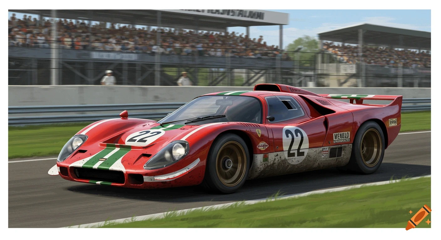 A red vintage race car with white and green stripes on a track with ...