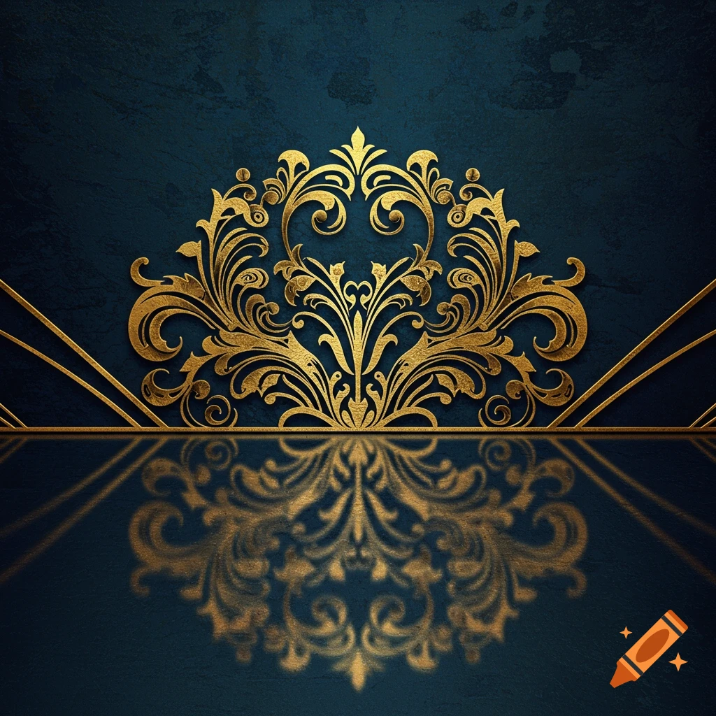 Golden ornate design with reflection on a dark blue background