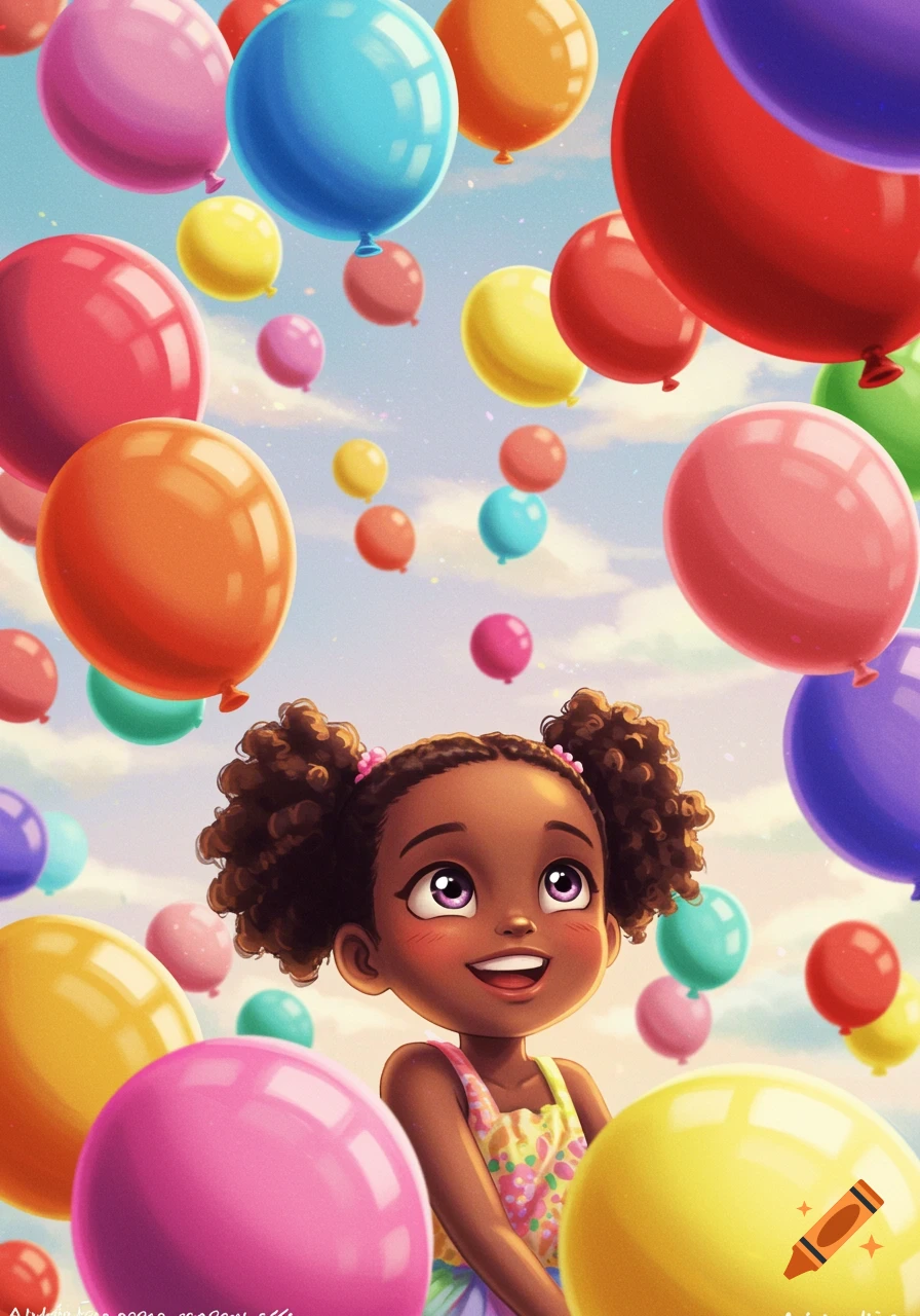 A cute young girl looks up smiling, surrounded by colorful balloons floating in the sky.