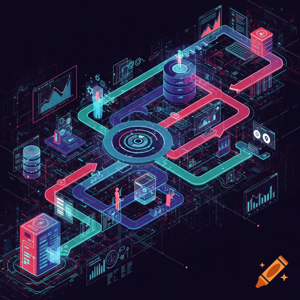 Isometric cybernetic illustration of a data pipeline with servers, graphs, and figures on a dark background